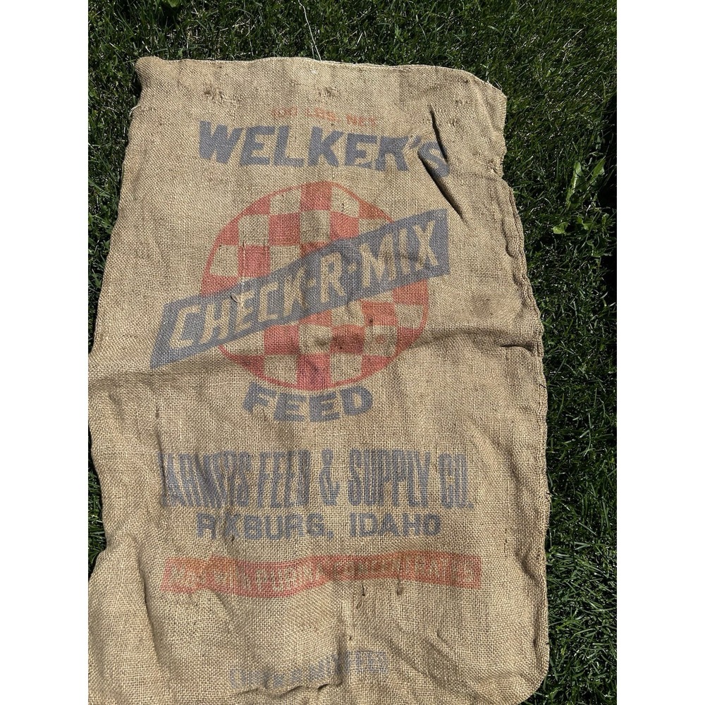 Vintage Welkers Check-R-Mix Feed Burlap Sack Rexburg Idaho Farm Grain Bag